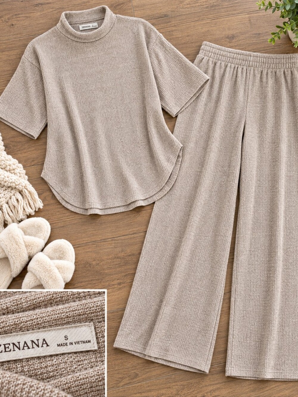 Zenana Outfitters Neutral Beige Ribbed Lounge Set Lt. Mocha